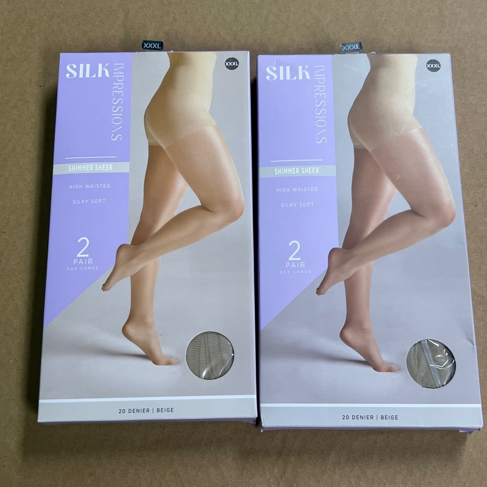 Silk Impressions XXXL Sheer Shimmer 3X‎ Pantyhose Beige 2 Pair 2 Packs 20 Denier